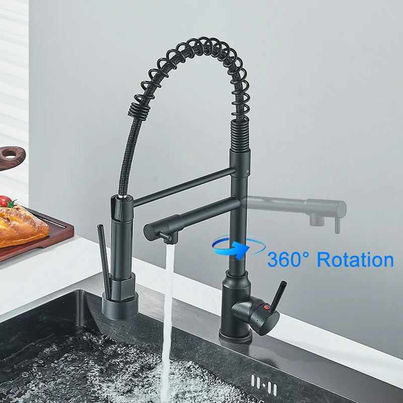 Rozin Black Kitchen Faucet Spring 360° Pull Down Sprayer Hot Cold Water Mixer Tap Deck Mounted Dual Spout Nozzle Faucets Crane