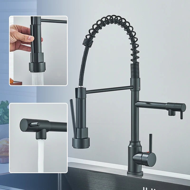 Rozin Black Kitchen Faucet Spring 360° Pull Down Sprayer Hot Cold Water Mixer Tap Deck Mounted Dual Spout Nozzle Faucets Crane