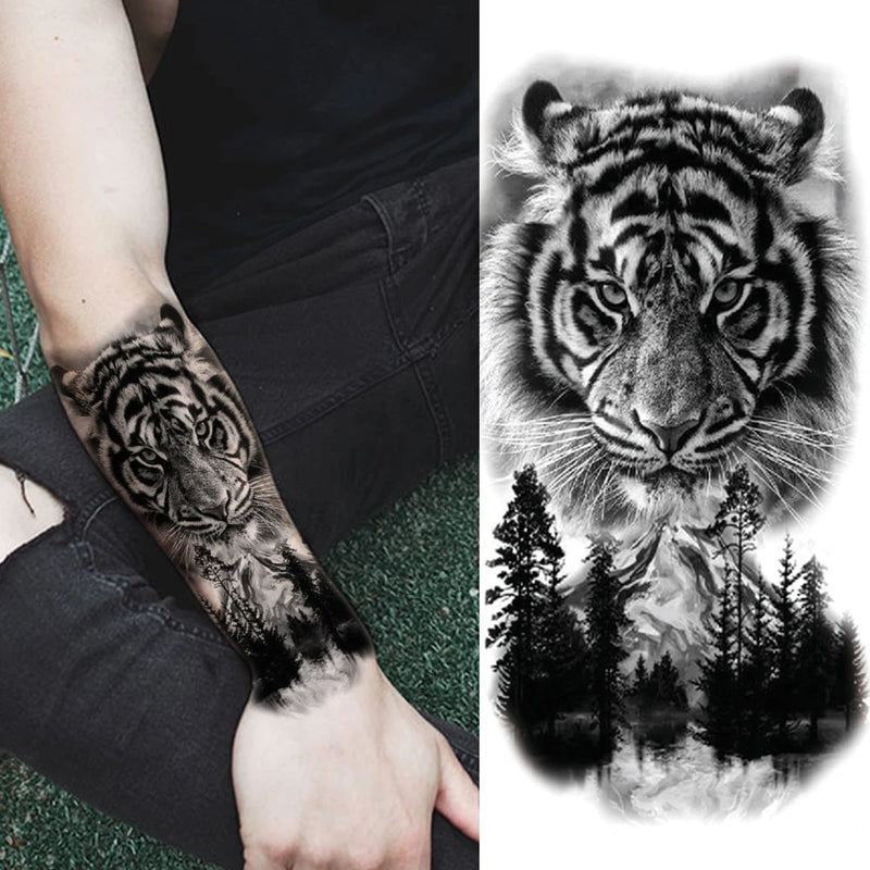 Waterproof Temporary Tattoo Sticker Forest Lion Tiger Bear Flash Tattoos Women Leopard Wolf Crown Body Art Arm Fake Tatoo Men