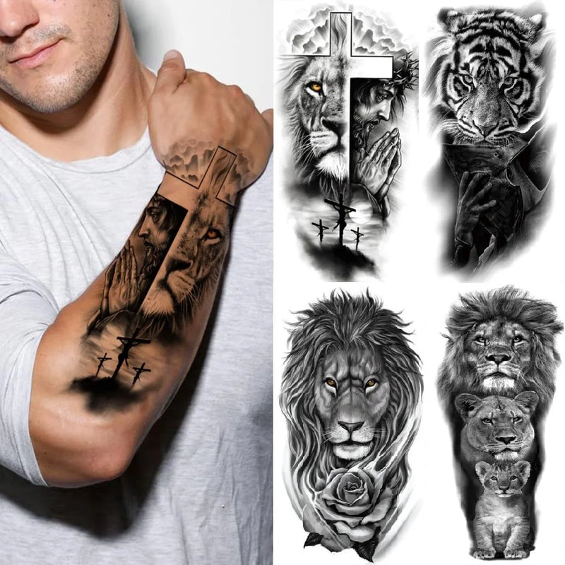 Waterproof Temporary Tattoo Sticker Forest Lion Tiger Bear Flash Tattoos Women Leopard Wolf Crown Body Art Arm Fake Tatoo Men